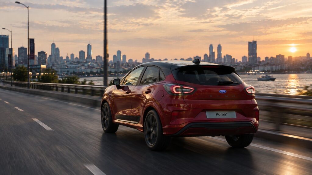 Ford Puma ST-Line Black Edition arkadan görünüm, İstanbul silueti