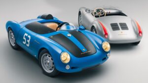 Porsche 550J elektrikli replika, mavi ve gümüş renk seçenekleriyle