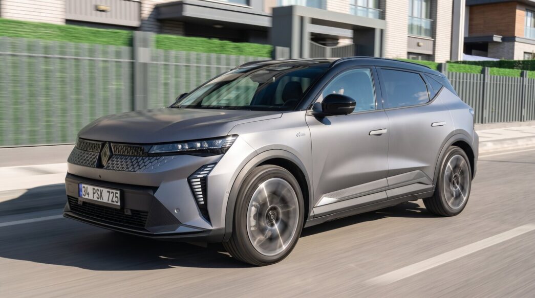 Renault Scenic E-Tech elektrikli önden ve yandan sürüş görüntüsü