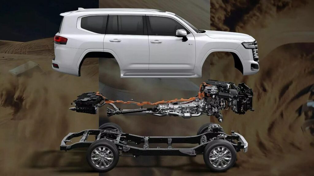 Toyota Land Cruiser 300'ün merdiven şasisi ve hibrit güç ünitesinin yerleşimi