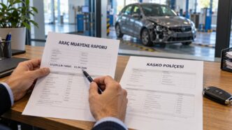 Araç muayene raporu ve kasko poliçesi belgeleri masada yan yana
